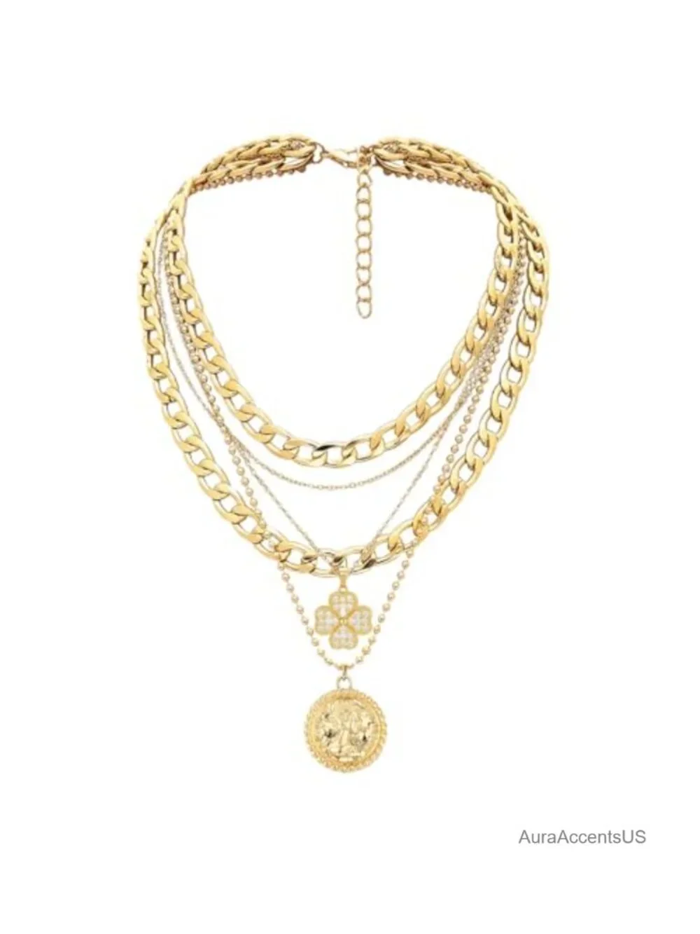 Layered Gold Coin Pendant Necklace Set 5 in 1 Trendy Chunky
